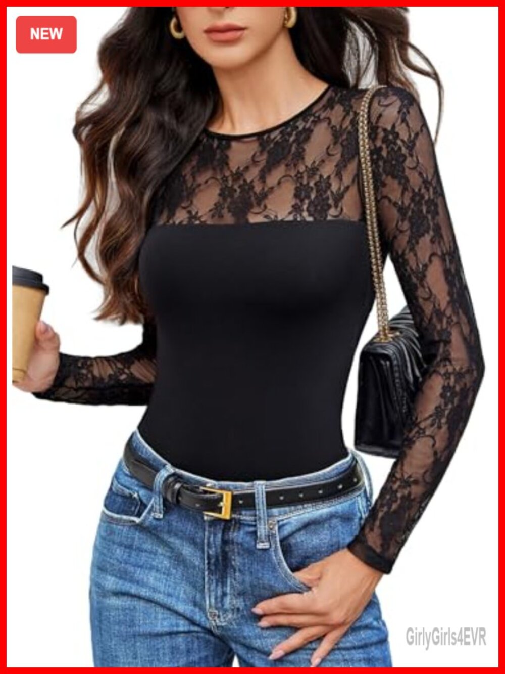 Lace Long Sleeve Bodysuit Crew Neck Slimming Thong Back Going Out Top